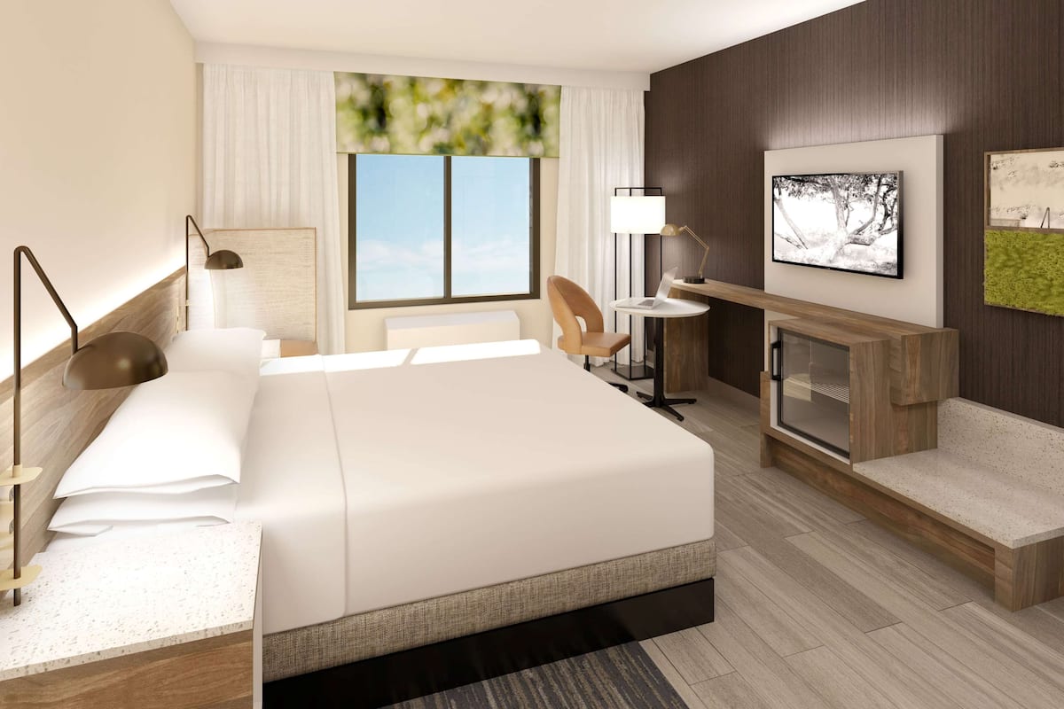 Una habitación de hotel moderna con una cama grande, un escritorio, una silla, un televisor y una chimenea.