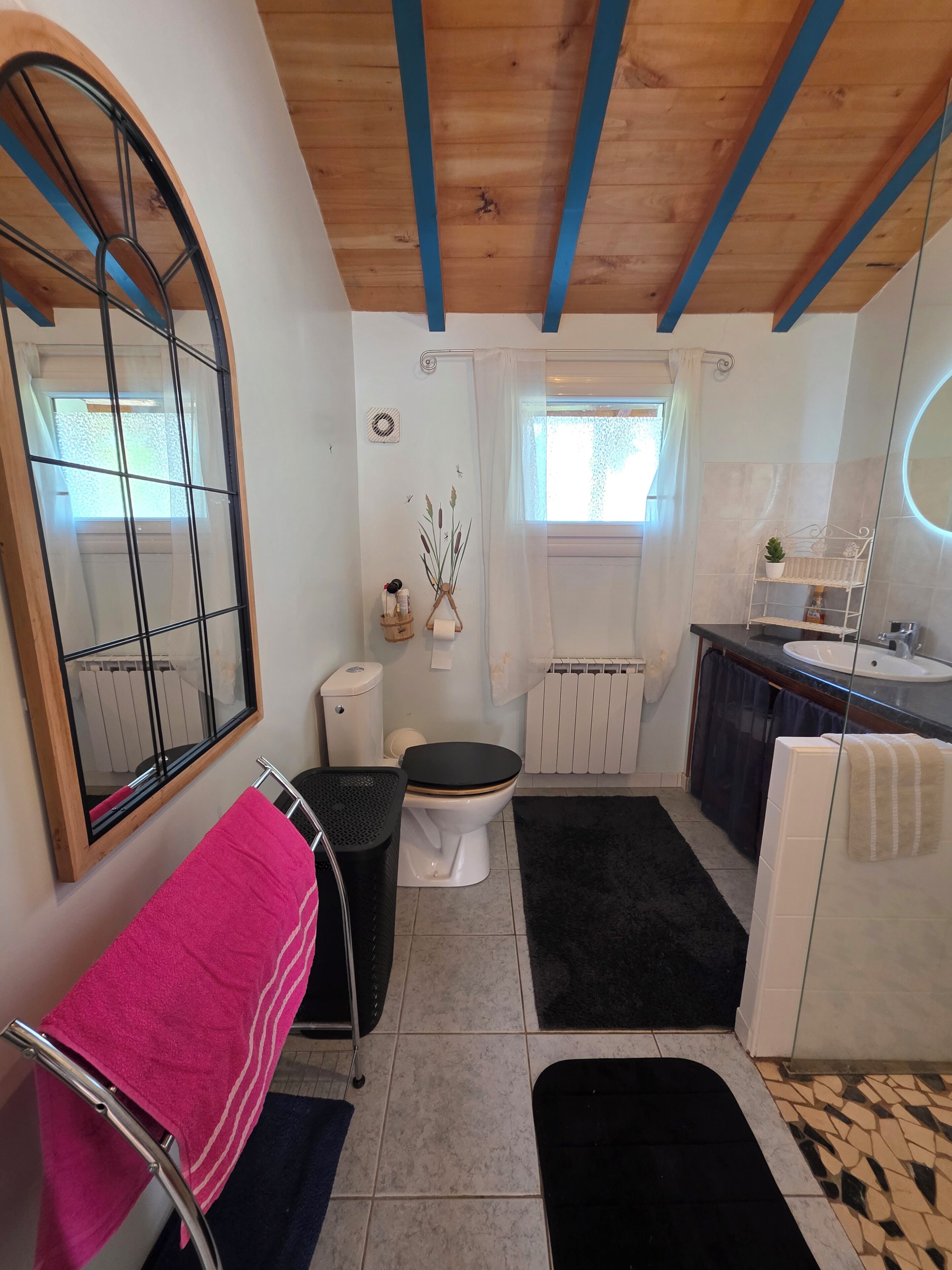 Un bagno con WC, lavandino, specchio e porta asciugamani.