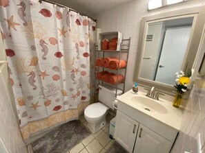 Hair dryer, towels, soap, shampoo