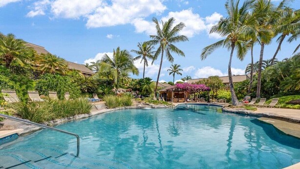 Una piscina rodeada de palmeras y sillas de descanso.