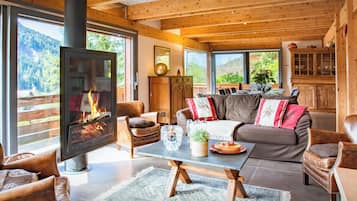 Televisión, chimenea, reproductor de DVD