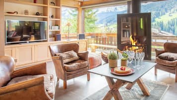 Televisión, chimenea y reproductor de DVD