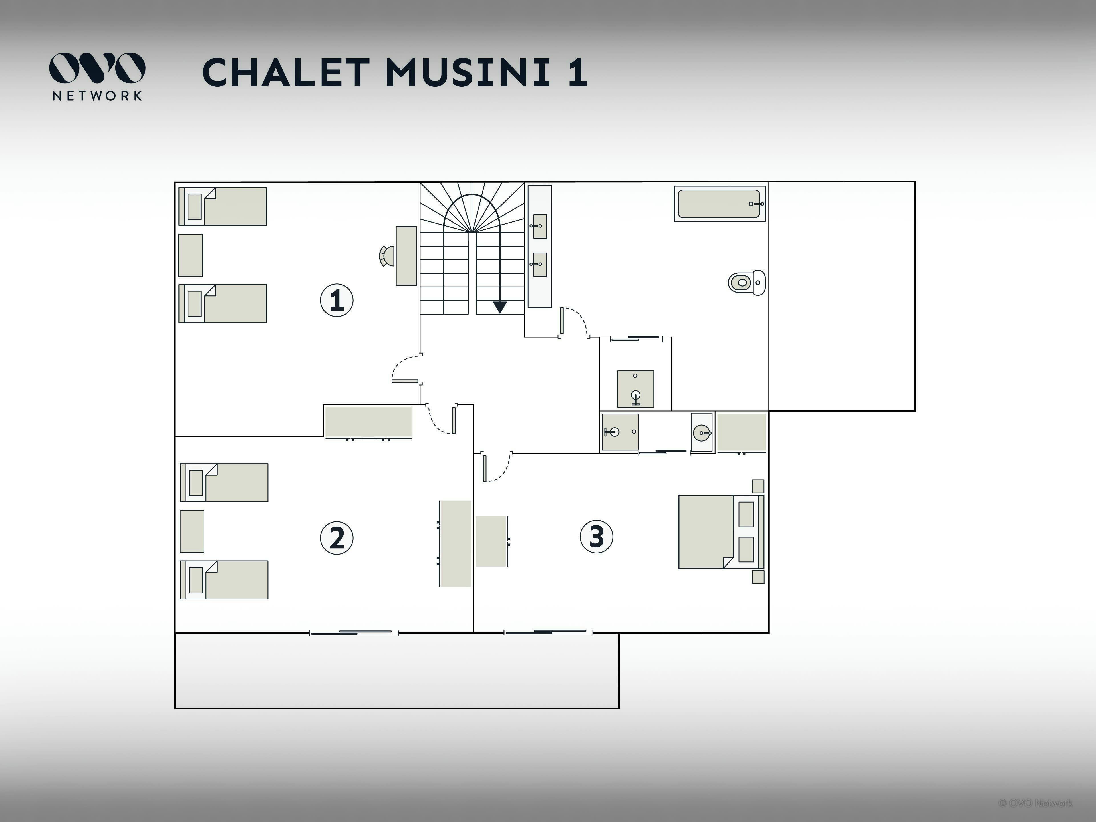 A floor plan of a hotel named 'CHALET MUSINI 1' with three distinct areas marked as 1, 2, and 3.