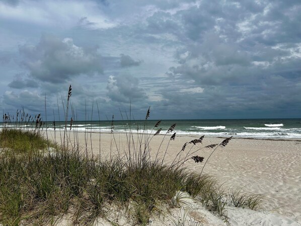On the beach, sun-loungers, beach towels