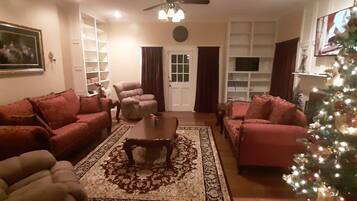 Smart TV, fireplace, books