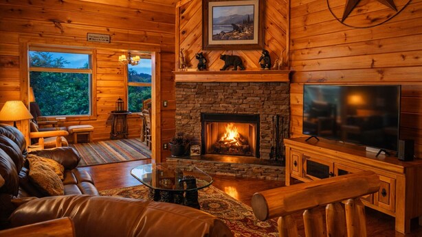 Interior de una cabaña de troncos con chimenea de piedra, sofá de cuero y televisor.