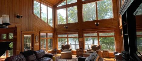 TV connectée, cheminée, livres, espaces bureaux