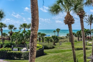 Enjoy a serene beachfront setting with a well-maintained lawn, palm trees, and a garden with a barbecue grill.