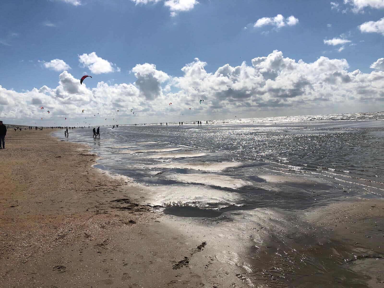 Een strand met mensen die wandelen en vliegeren.