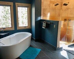 Combined shower/tub, hair dryer, towels, soap