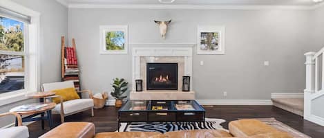 TV connectée, cheminée, jeux vidéo, livres