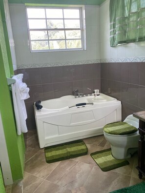 Combined shower/tub, jetted tub, hair dryer, towels - Off the beaten path private villa, w/AC, Jacuzzi, king beds (Browns Town)