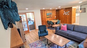 Smart TV, fireplace, video games, stereo