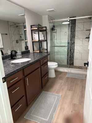 Shower, hair dryer, towels, soap