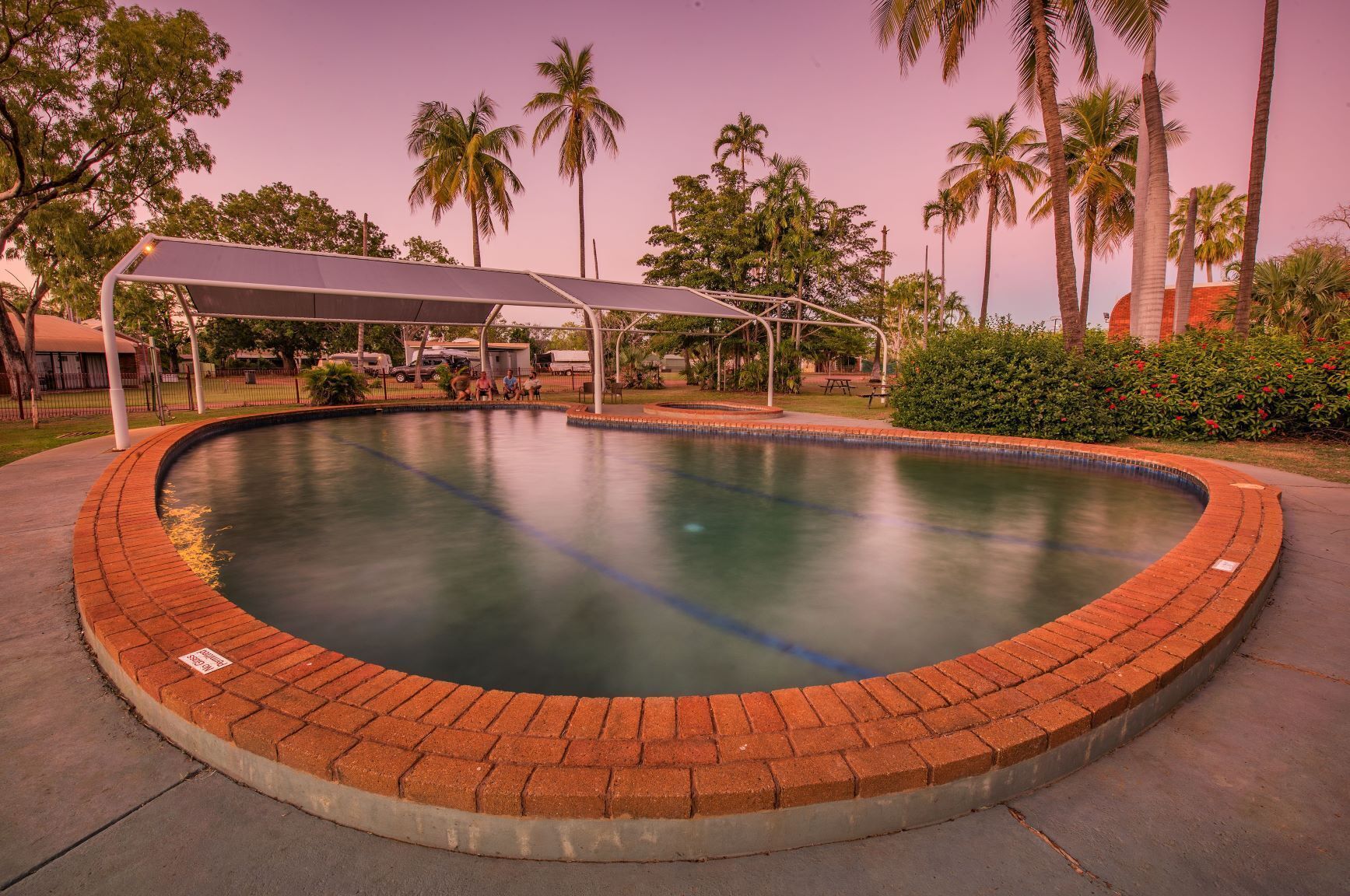 A swimming pool with a brick border, surrounded by palm trees and a covered area with solar panels.