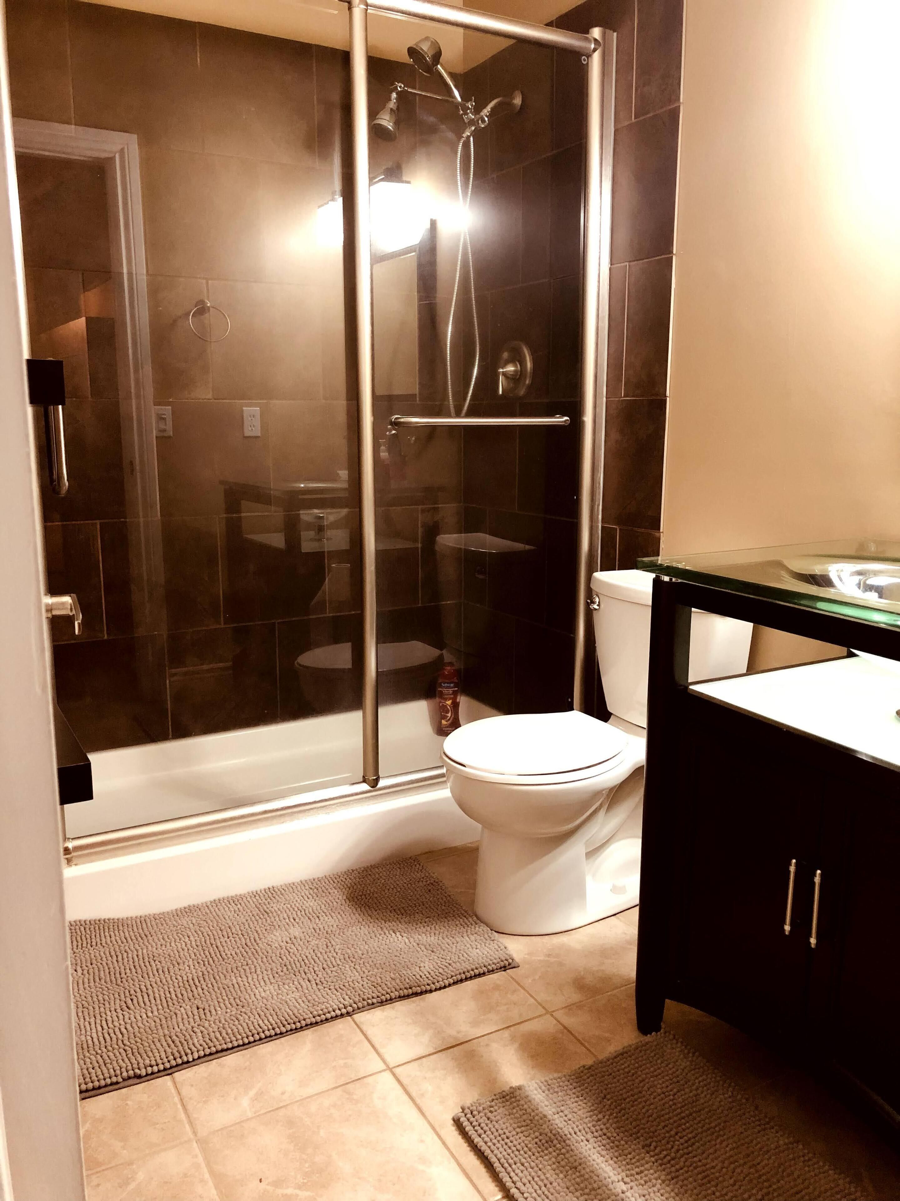 A modern bathroom with a glass-enclosed shower, a toilet, and a vanity with a mirror.