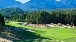 A golf course with a clear view of the surrounding forest and mountains.