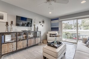 Smart TV, DVD player, books, music library