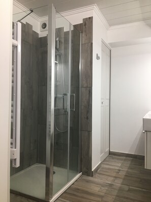 Bathtub, hair dryer, towels, toilet paper