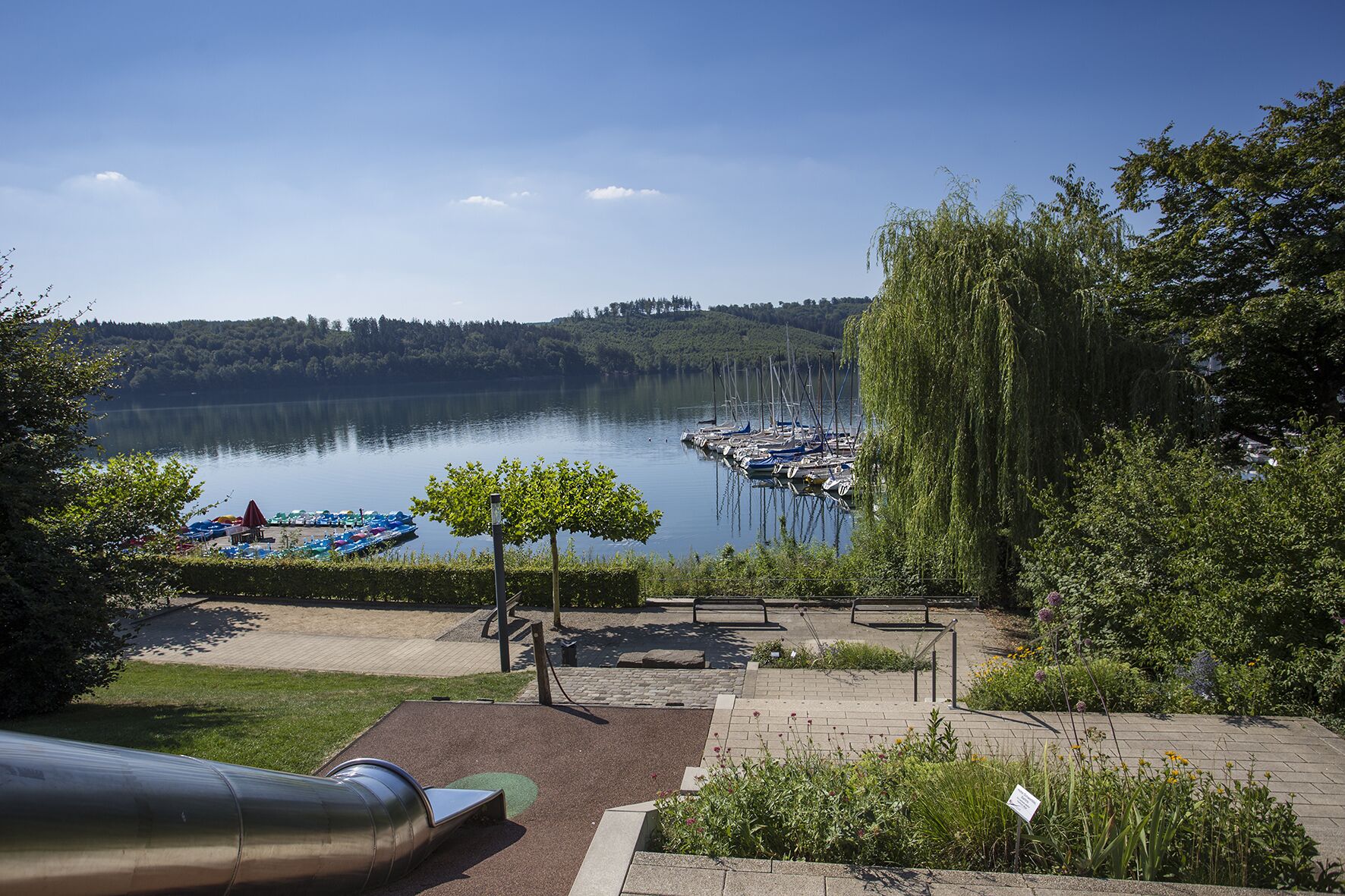 A lakeside view with a dock, boats, and a park area with benches and trees.