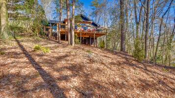 Une cabane en bois dotée d’une terrasse et de grandes fenêtres, entourée d’arbres.
