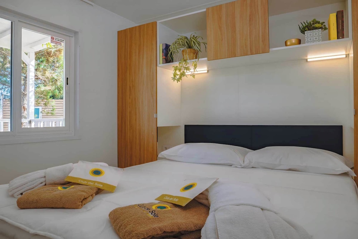 Habitación de hotel con cama, almohadas, mesita de noche, ventana con vistas y estante con libros y una planta.