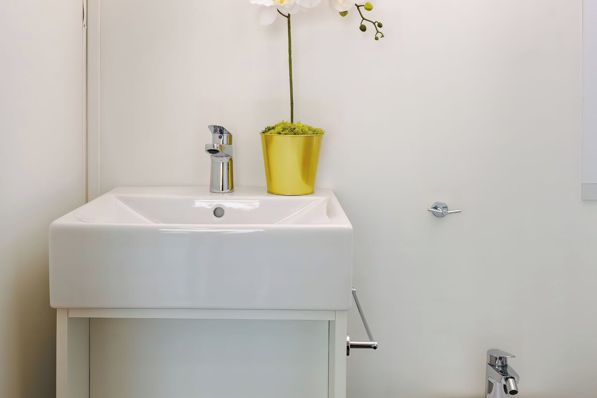 A modern bathroom with a white sink, mirror, and bidet. There are two small potted plants on the sink's shelf.