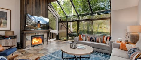 TV, fireplace, offices