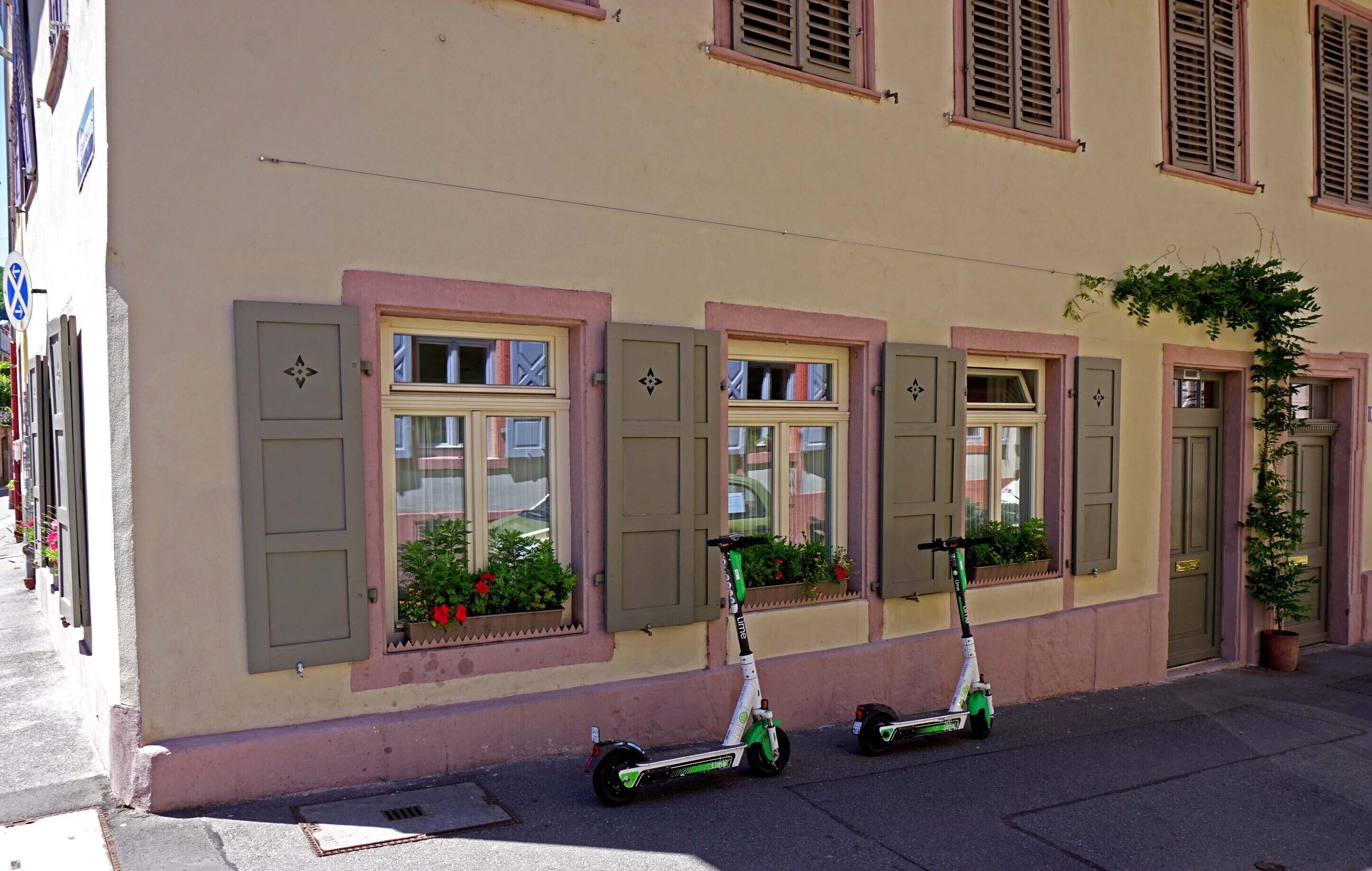 Reihenweise grüne Roller stehen auf einem Bürgersteig vor einem Gebäude mit rosafarbenen Fensterläden und -fenstern.