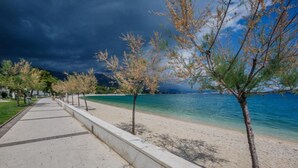 Uma passarela costeira bordeada por árvores e uma praia.