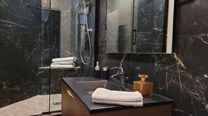 Tina, secadora de cabello, toallas, papel de baño 