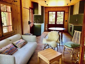 A cozy cabin interior with a sofa, a wooden table, a chair, and a dining table.