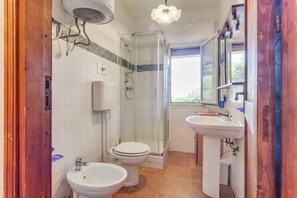 Shower, hair dryer, bidet, towels