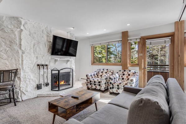 Smart TV, fireplace, DVD player