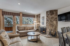 Smart TV, fireplace, DVD player