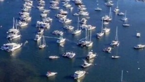 Vue aérienne d’une marina où de nombreux bateaux sont amarrés.