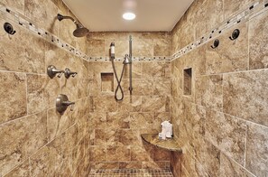 Combined shower/bathtub, hair dryer, towels, soap