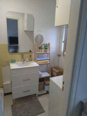 Shower, towels, toilet paper