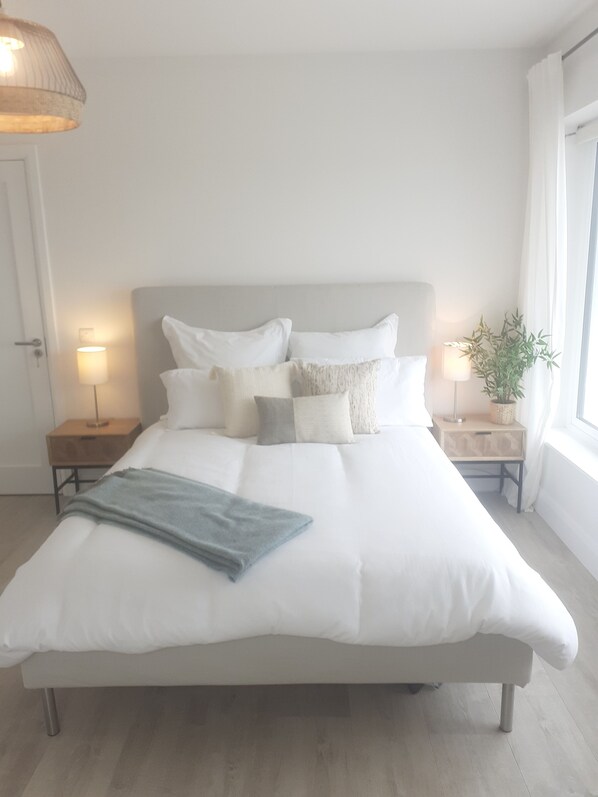Un dormitorio moderno con una cama grande, dos mesitas de noche, una lámpara y una planta en maceta.