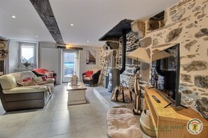 Un salon chaleureux avec un mur en pierre, une cheminée et un canapé agrémenté de coussins.