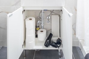 Shower, hair dryer, towels, shampoo