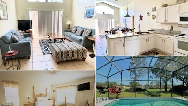 A living room with a sofa, coffee table, and TV, a kitchen with white cabinets and appliances, a bedroom with a bed and nightstand, and a pool with a glass enclosure. - Beautiful Golf View Southern Dunes 4 Bedroom Villa by RedAwning (Haines City)
