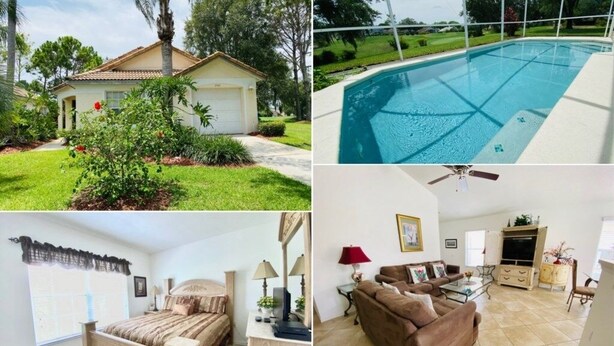 A house with a front yard, a swimming pool, a bedroom, and a living room.