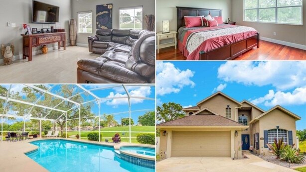 A living room with a TV, leather couch, and a pool area with a covered deck.