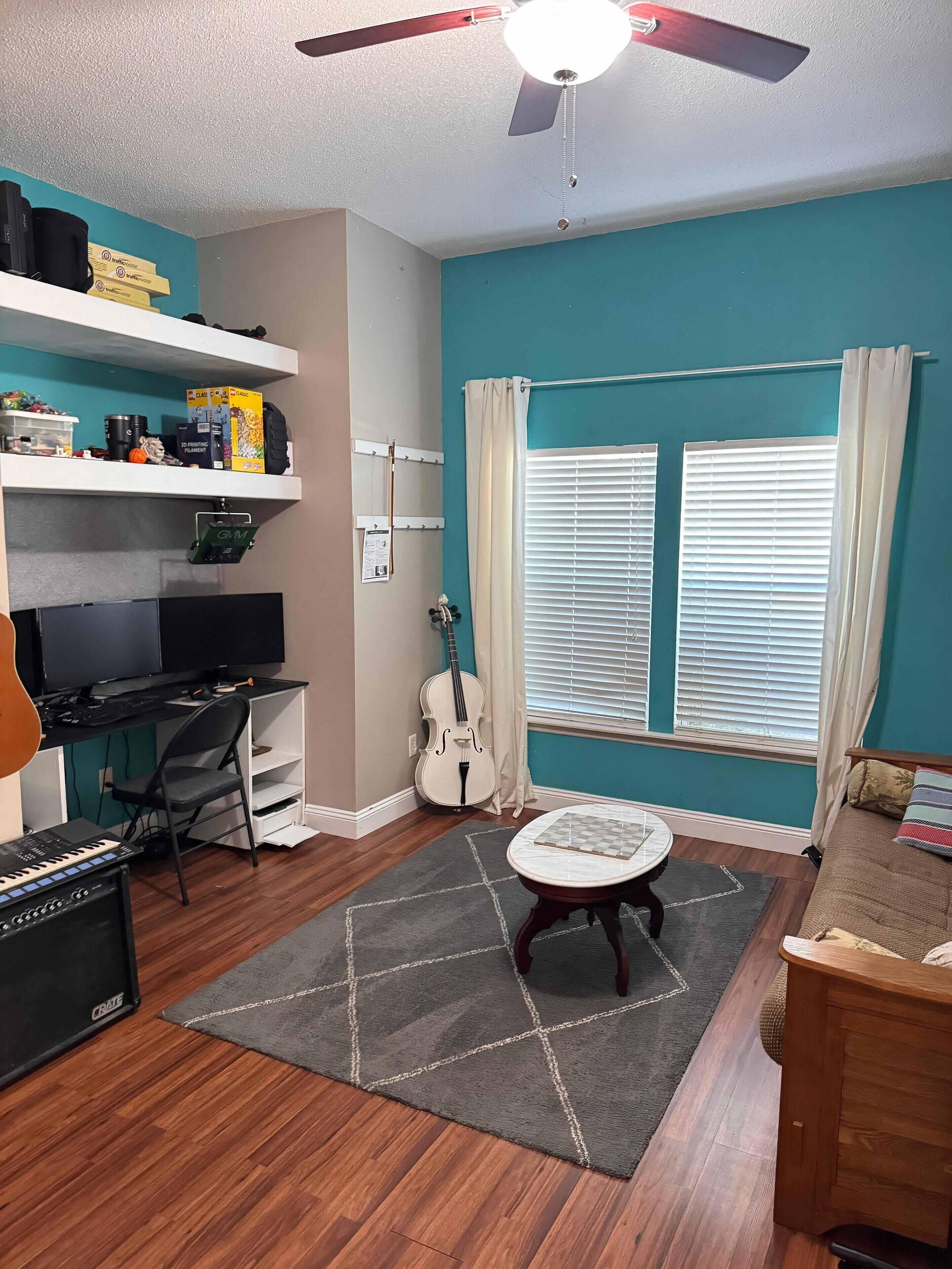 Televisio, takka, työhuone