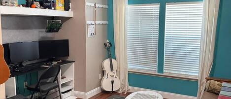 Televisio, takka, työhuone