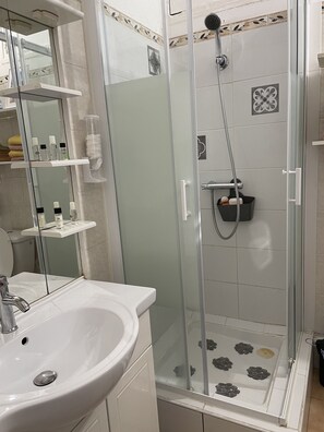 Dusche, Haartrockner, HandtĂŒcher, Seife