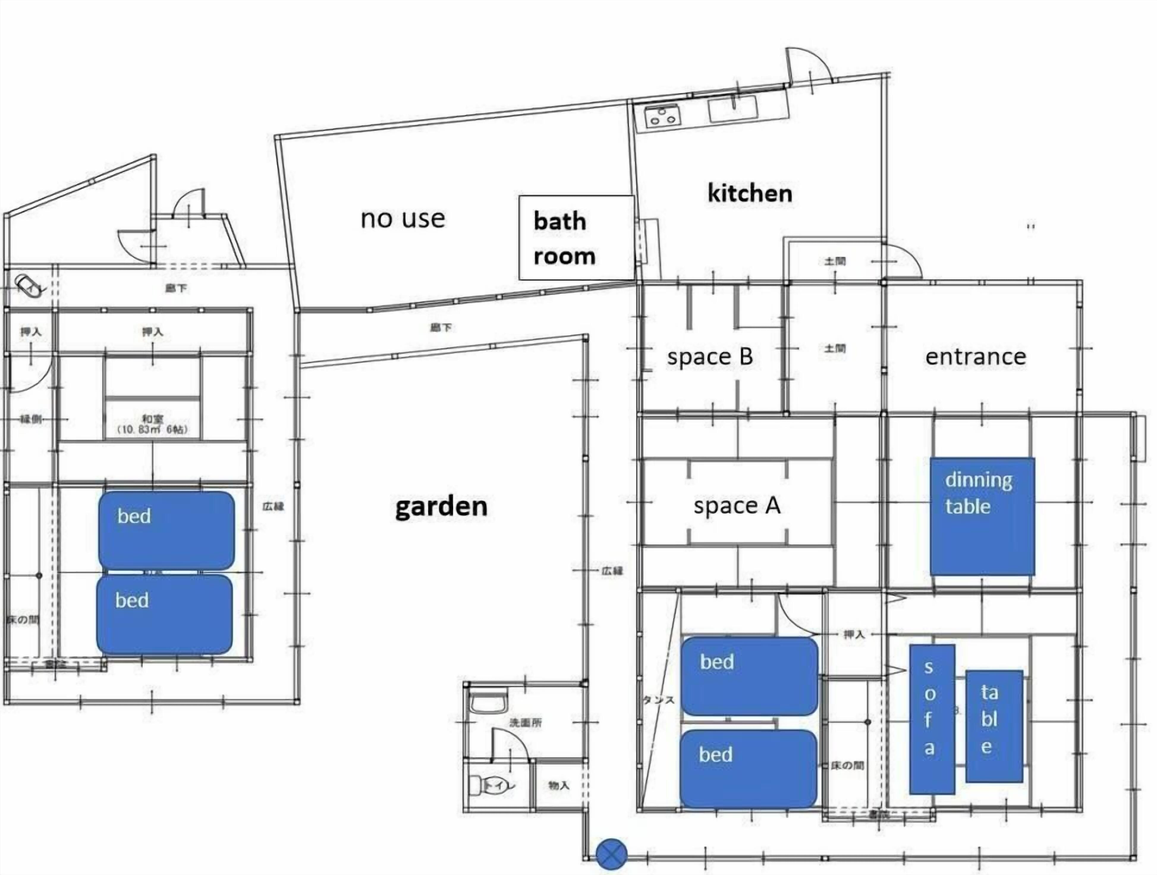 A floor plan with labeled rooms including a garden, kitchen, bathroom, dining area, and two bedrooms.