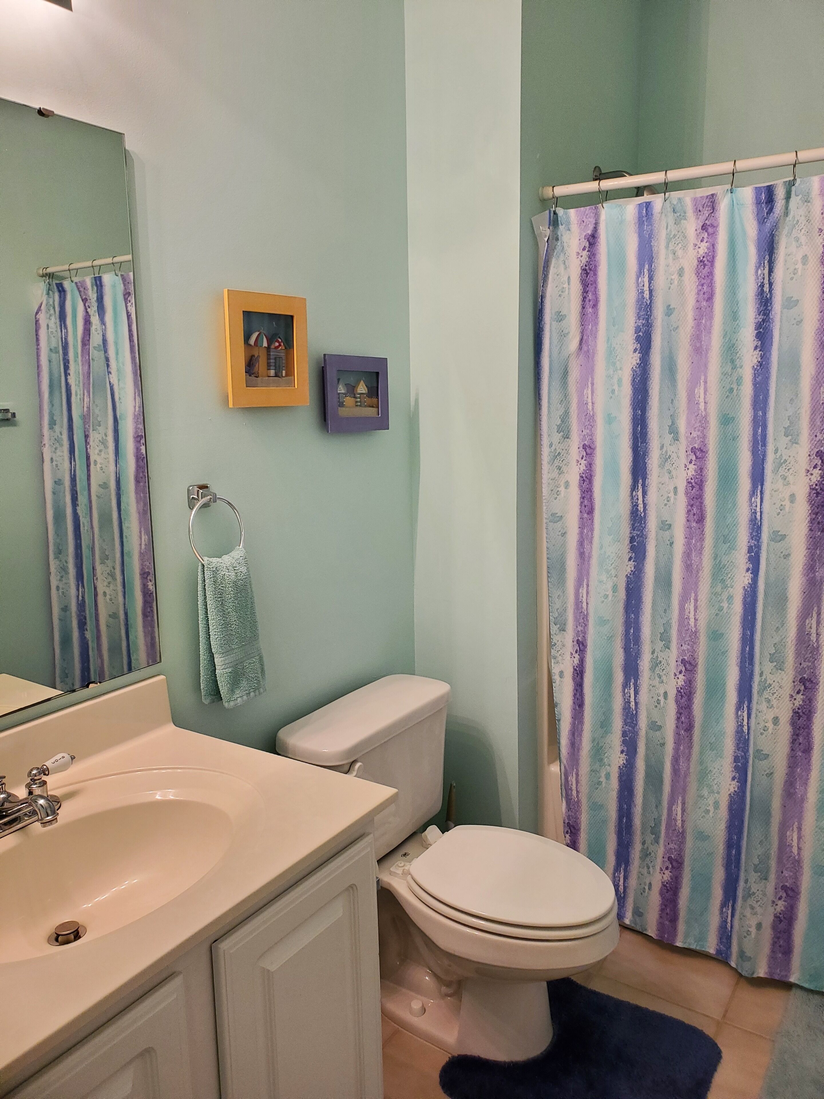 A bathroom with a sink, toilet, and shower curtain.