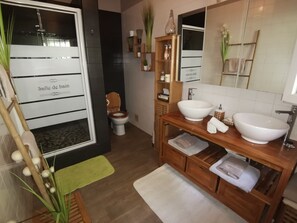 Shower, hair dryer, towels, soap